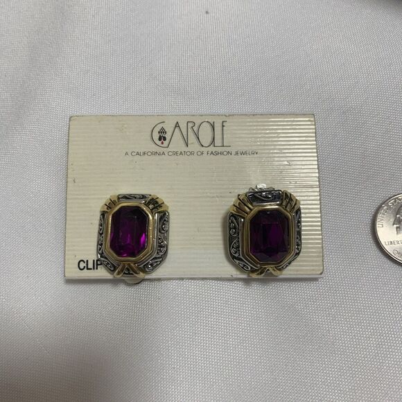 Vintage Carole Two Tones Clip Earrings Designer Jewelry Amethyst Stone - Picture 14 of 16
